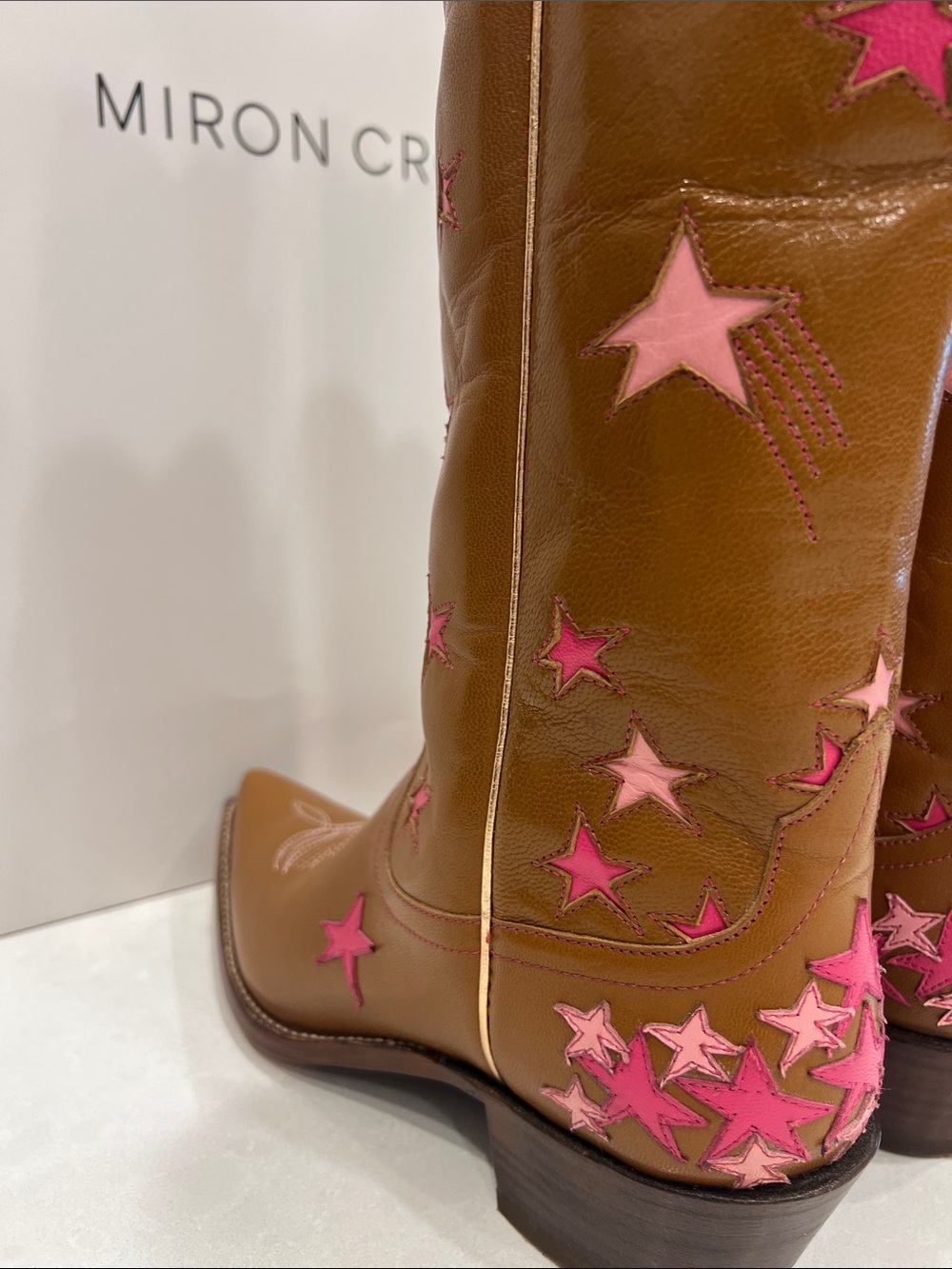 Miron Crosby Margretta Sienna Star-Embroidered Brown Leather Knee Boots - Picture 9 of 16